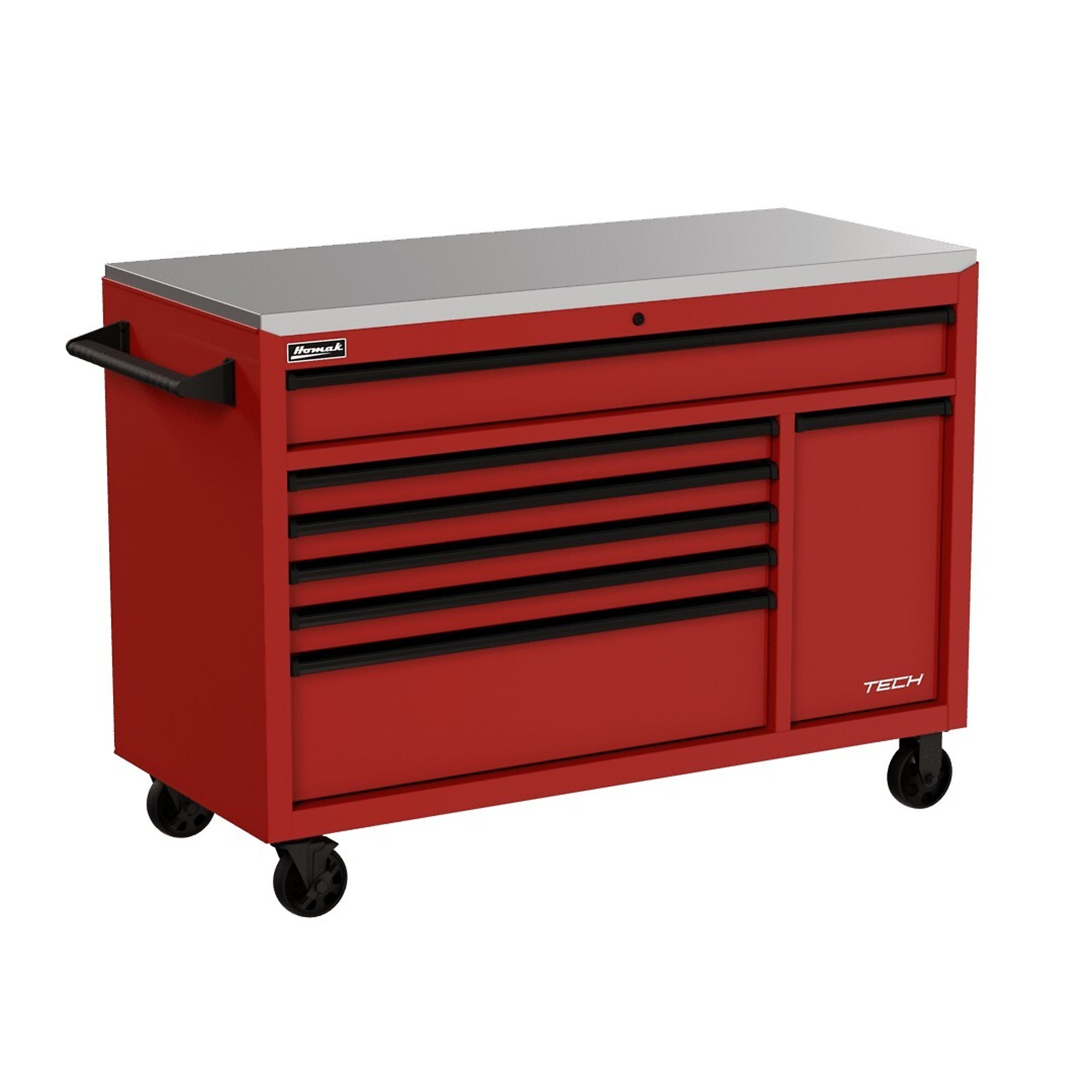 Homak, TECH, 54" 7 Drawer Rolling Workstation, Red, Heavy-duty 19-gauge steel, Model # RD04054070